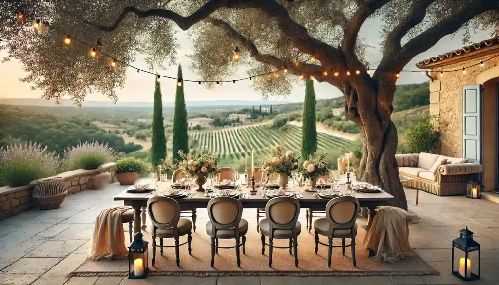 Elegant outdoor dining in Provence villa – A beautifully set dining table under olive trees in a luxury villa.