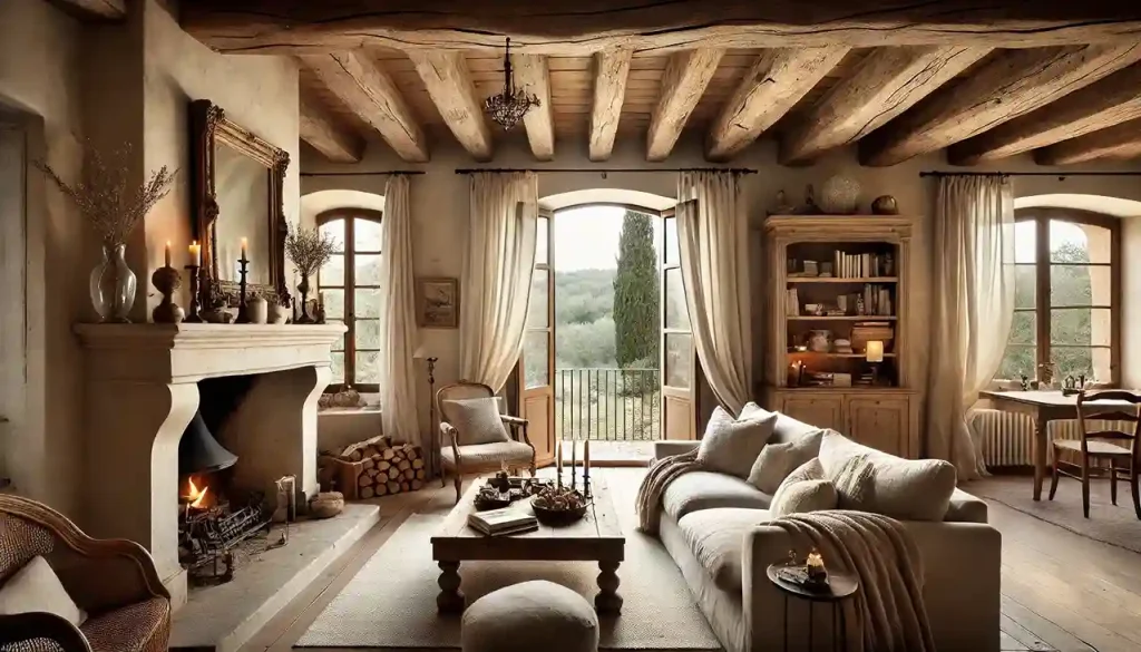 Rustic-chic villa interior with exposed beams – A cozy yet elegant living space inside a Provence villa.