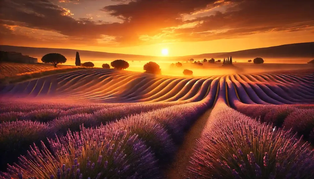 Lavender fields in Provence at sunrise – A breathtaking view of Provence’s iconic lavender fields bathed in golden sunlight.